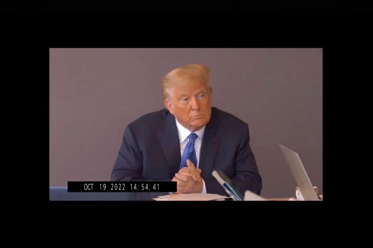 Still from deposition video shows Donald Trump answering questions on October 19, 2022, for the civil rape case against him filed by writer E. Jean Carroll. (Kaplan Hecker & Fink via Courthouse News)