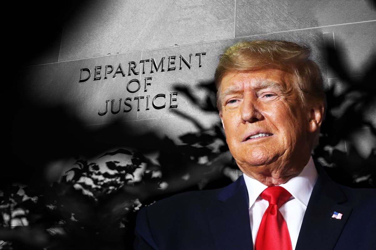 Donald Trump with the Department of Justice in the background (Photo illustration by Salon/Getty Images)