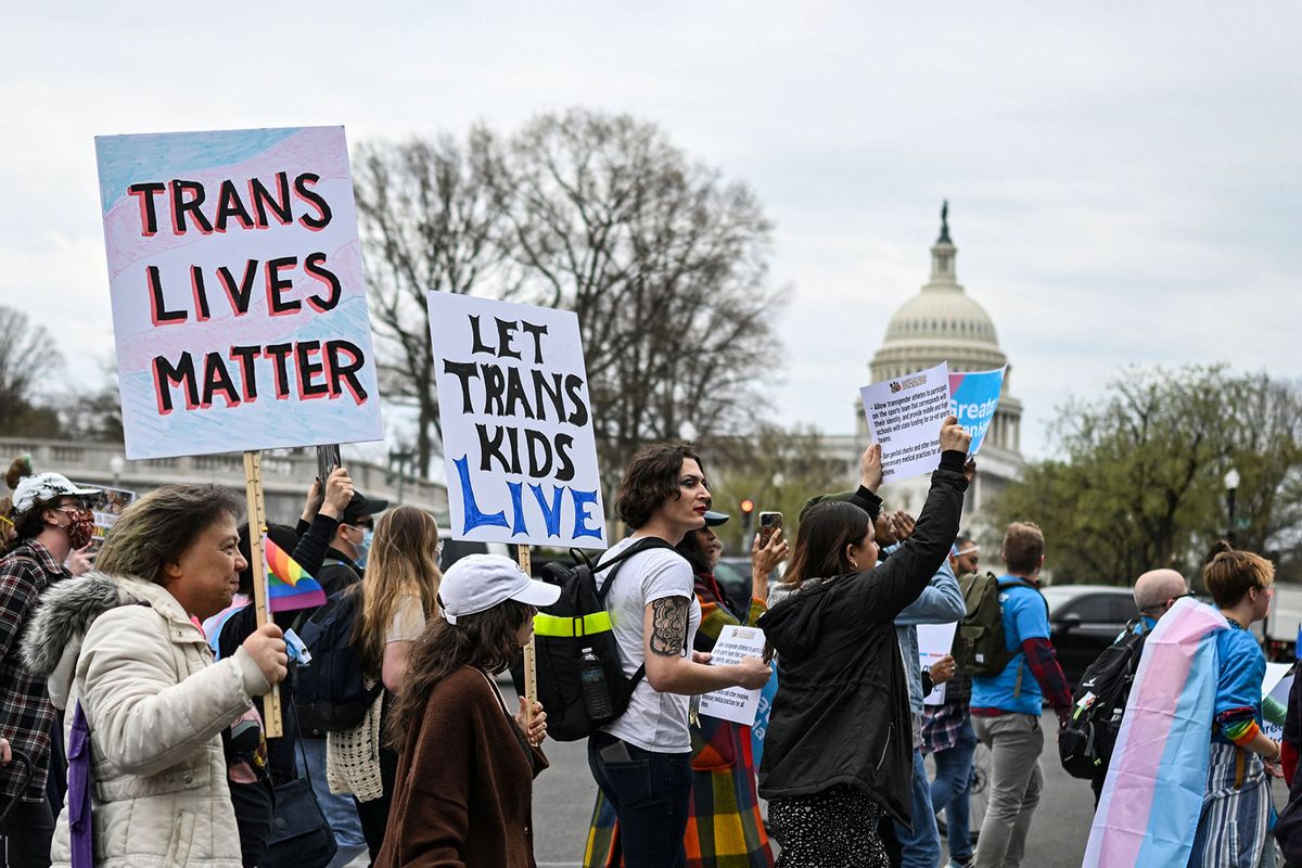 Supporters of LGBTQA+ rights march from Union Station towards Capitol Hill in Washington, DC on March 31, 2023. (ANDREW CABALLERO-REYNOLDS/AFP via Getty Images)
