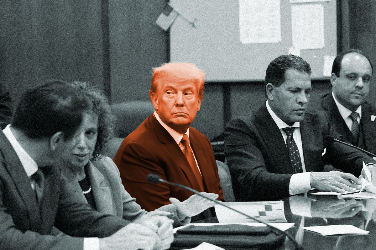 Former U.S. President Donald Trump sits in the courtroom with his attorneys during his arraignment at the Manhattan Criminal Court April 4, 2023 in New York City. (Photo illustration by Salon/Getty Images/Andrew Kelly-Pool)