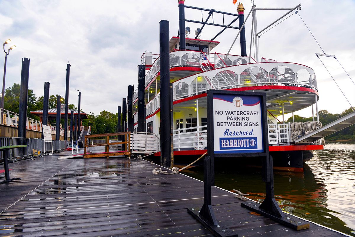 The Harriott II, a riverboat, remains docked on August 8, 2023, on the Alabama riverfront in downtown Montgomery, Alabama. Three people have now been charged in the large fight on floating dock Saturday that was captured on video by numerous spectators. (Julie Bennett/Getty Images)