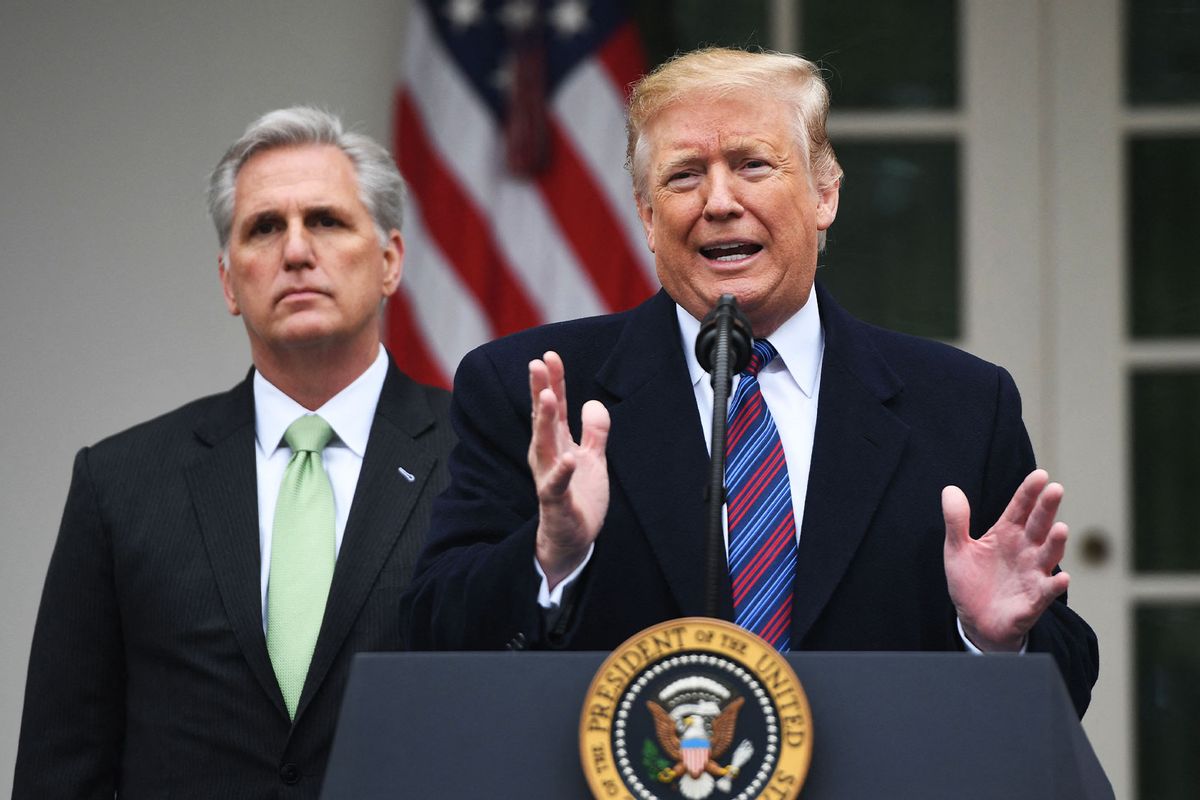 US President Donald Trump, with Republican US Representative Kevin McCarthy (R), speaks at a press conference in the Rose Garden of the White House in Washington, DC, on January 4, 2019. (SAUL LOEB/AFP via Getty Images)