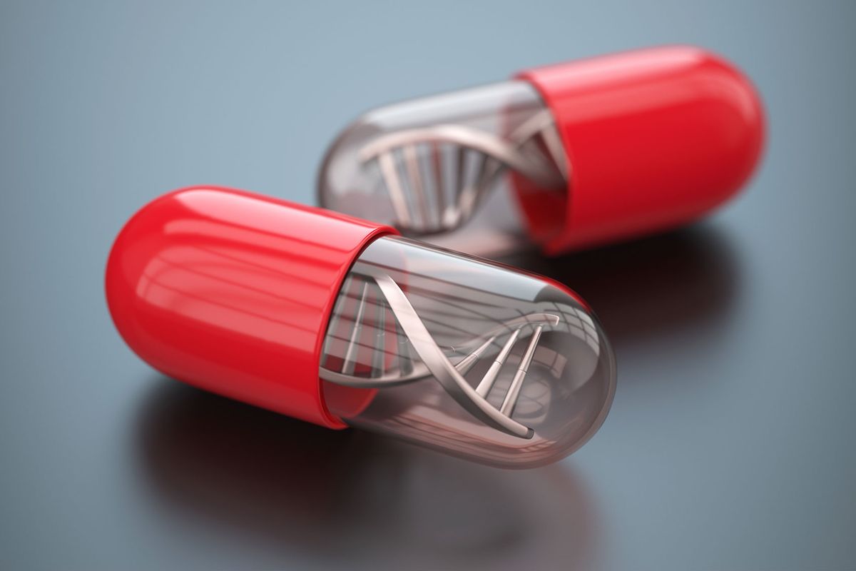 Red pills with DNA structure, medicine concept (Getty Images/D3Damon)