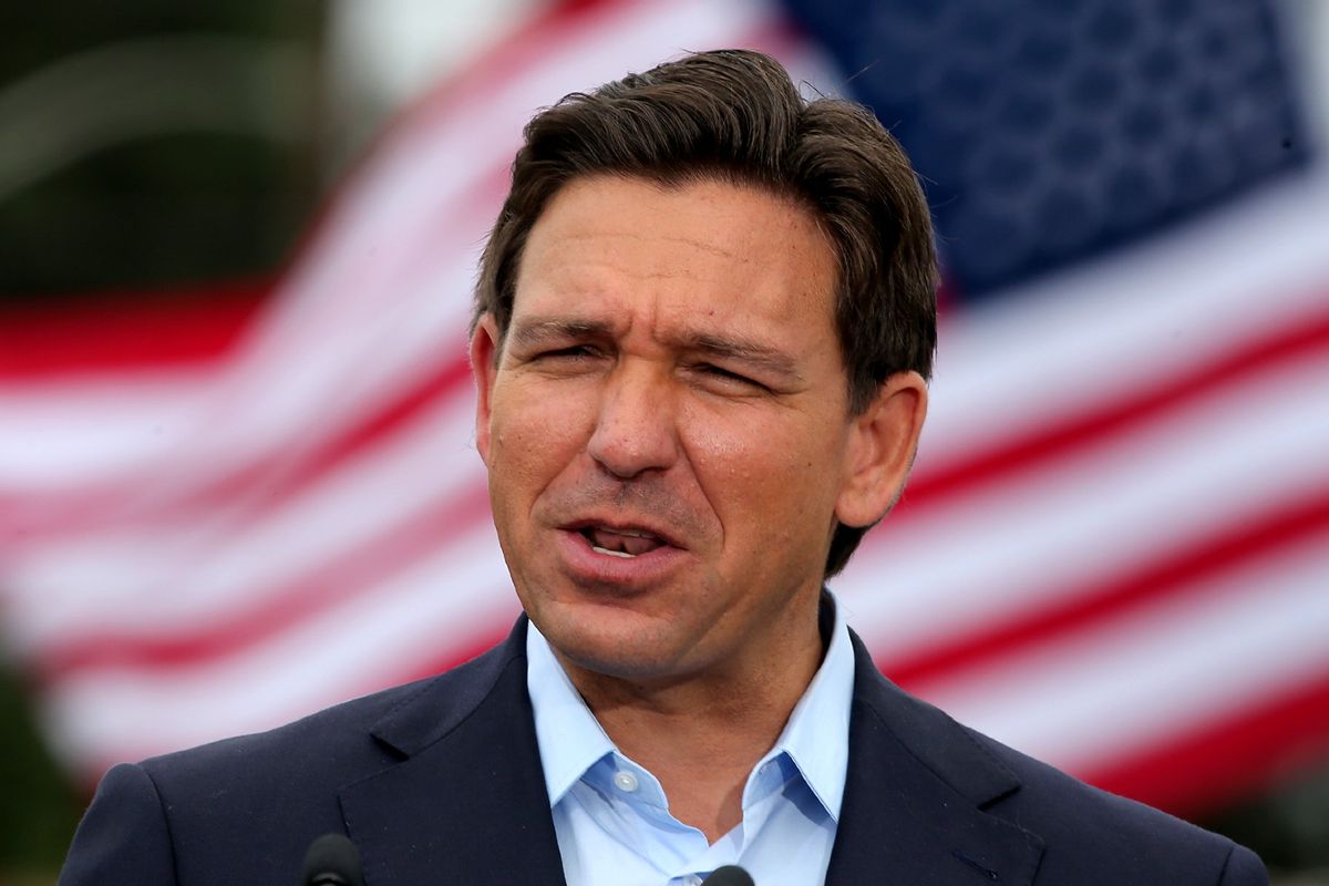 GOP candidate and Florida Gov. Ron DeSantis speaks at a news conference at the Long Beach Grain Terminal in the Port of Long Beach on Friday, Sept. 29, 2023. (Luis Sinco / Los Angeles Times via Getty Images)