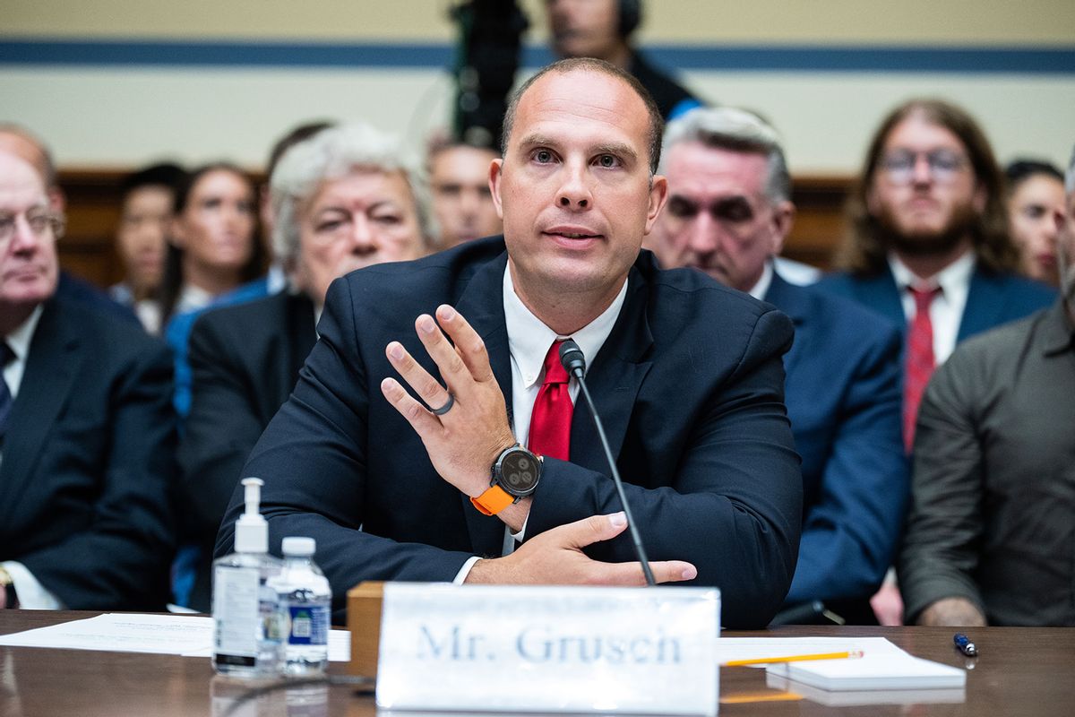 David Grusch, former National Reconnaissance Office representative on the Defense Department's Unidentified Aerial Phenomena Task Force, testifies during the House Oversight and Accountability Subcommittee on National Security, the Border, and Foreign Affairs hearing titled "Unidentified Anomalous Phenomena: Implications on National Security, Public Safety, and Government Transparency," in Rayburn Building on Wednesday, July 26, 2023. (Tom Williams/CQ-Roll Call, Inc via Getty Images)