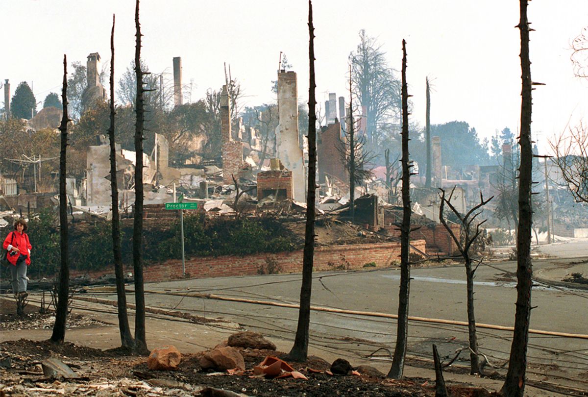 Chimneys of homes destroyed in the Oakland Hills by fire, Oct. 22, 1991.  (AP/Olga Shalygin)