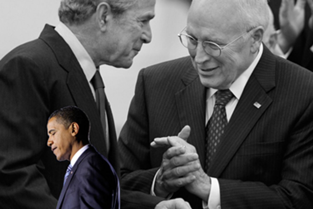 Cheney and Bush at the White House, 2008. Obama in Indiana, 2008.