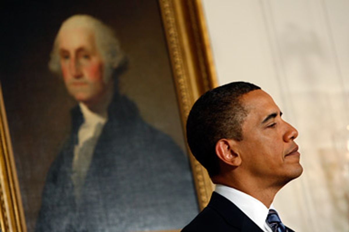 U.S. President Barack Obama is pictured alongside a portrait of the first U.S. President George Washington, as Obama announces his nomination for Secretary of the Army, Congressman John McHugh (R-NY) in the Diplomatic Reception room of the White House in Washington, June 2, 2009.