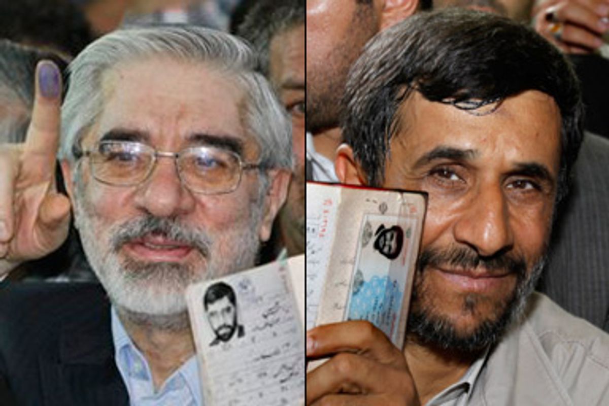 Leading challenger and reformist candidate Mir Hossein Mousavi, left, and President Mahmoud Ahmadinejad on June 12, 2009.