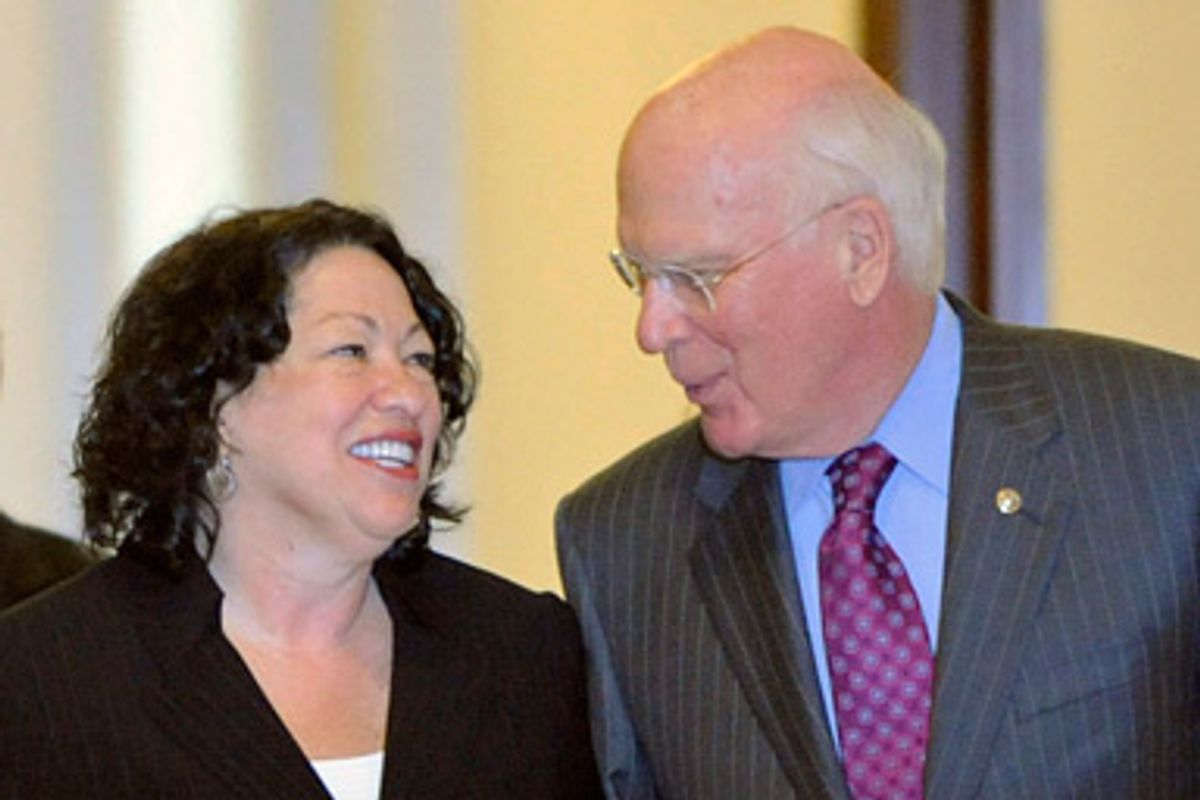 Senate Judiciary Committee Chairman Pat Leahy (D-VT) (right) walks with US Supreme Court nominee Judge Sonia Sotomayor (left) before meeting in his office at the US Capitol in Washington June 2, 2009.           