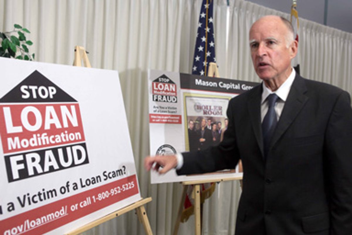 California Attorney General Jerry Brown, speaks at news conference Wednesday Aug. 12, 2009 in Los Angeles.  