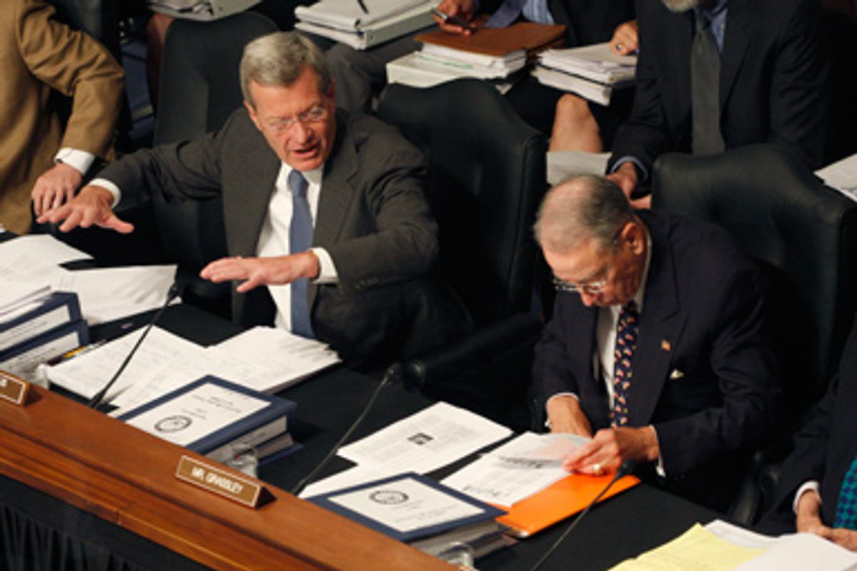 Senate Finance Committee Chairman Sen. Max Baucus, D-Mont. left, makes a point on Capitol Hill in Washington, Wednesday, Sept. 23,2009, and the committee continued working on health care legislation. The committee's ranking Republican Sen. Charles Grassley, R-Iowa is at right.  