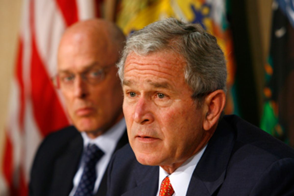 U.S. President George W. Bush speaks during a meeting with members of his economic team at the Department of Energy in Washington July 11, 2008. At left is Treasury Secretary Henry Paulson. 