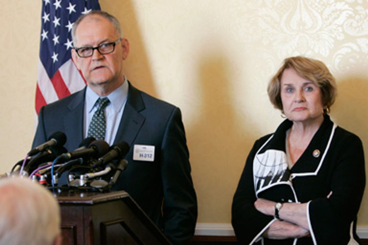 Former CIGNA Vice President Wendell Potter, left, who has become a whistleblower regarding the health care industry, accompanied by Rep. Louise Slaughter, D-N.Y, speaks during a news conference on Capitol Hill in Washington, Wednesday, Aug. 12, 2009. 