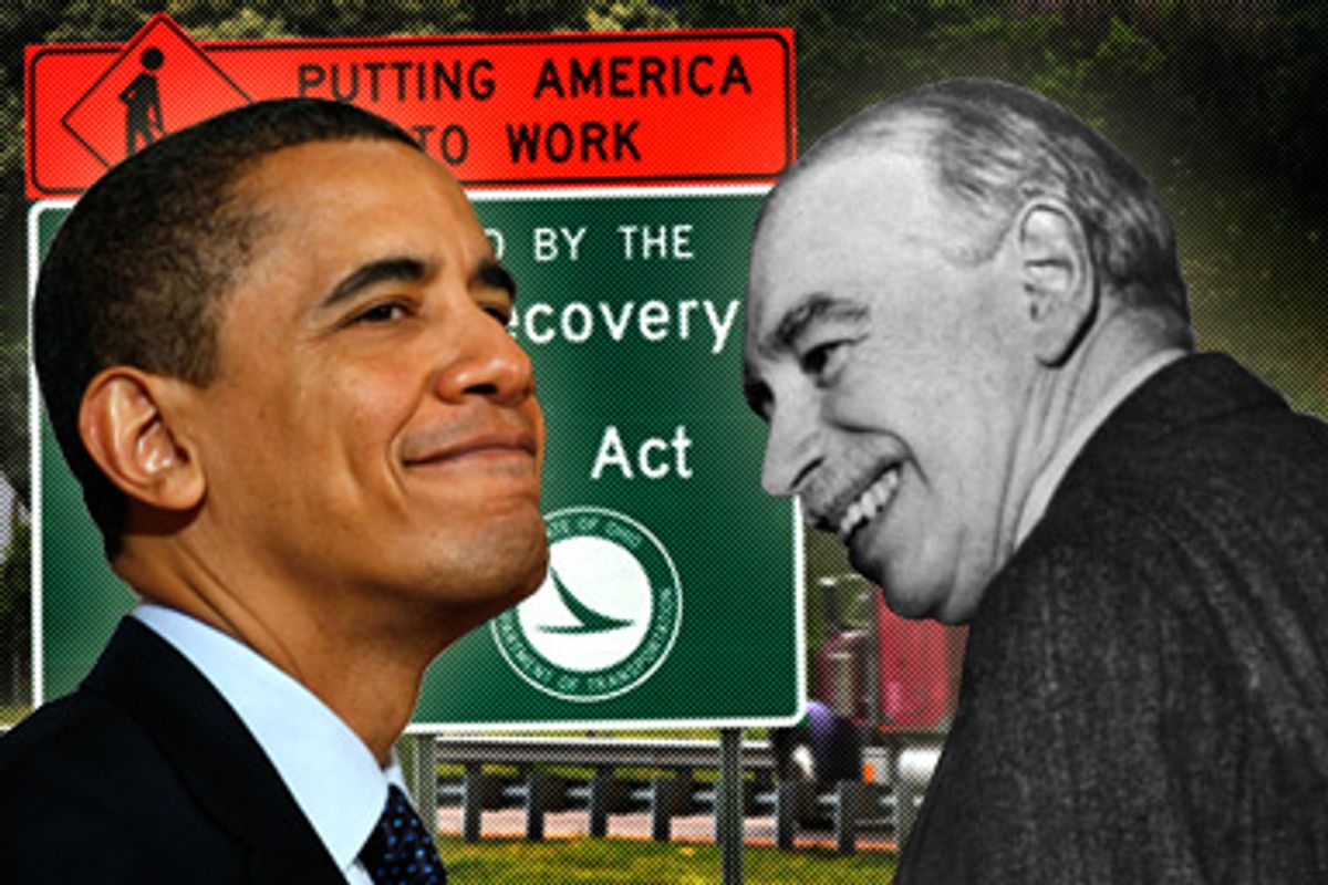 President Barack Obama and John Maynard Keynes. Background: An Ohio Department of Transportation sign near the Interstate 490 and Interstate 77 ramps in Cleveland, on June 8, 2009.  