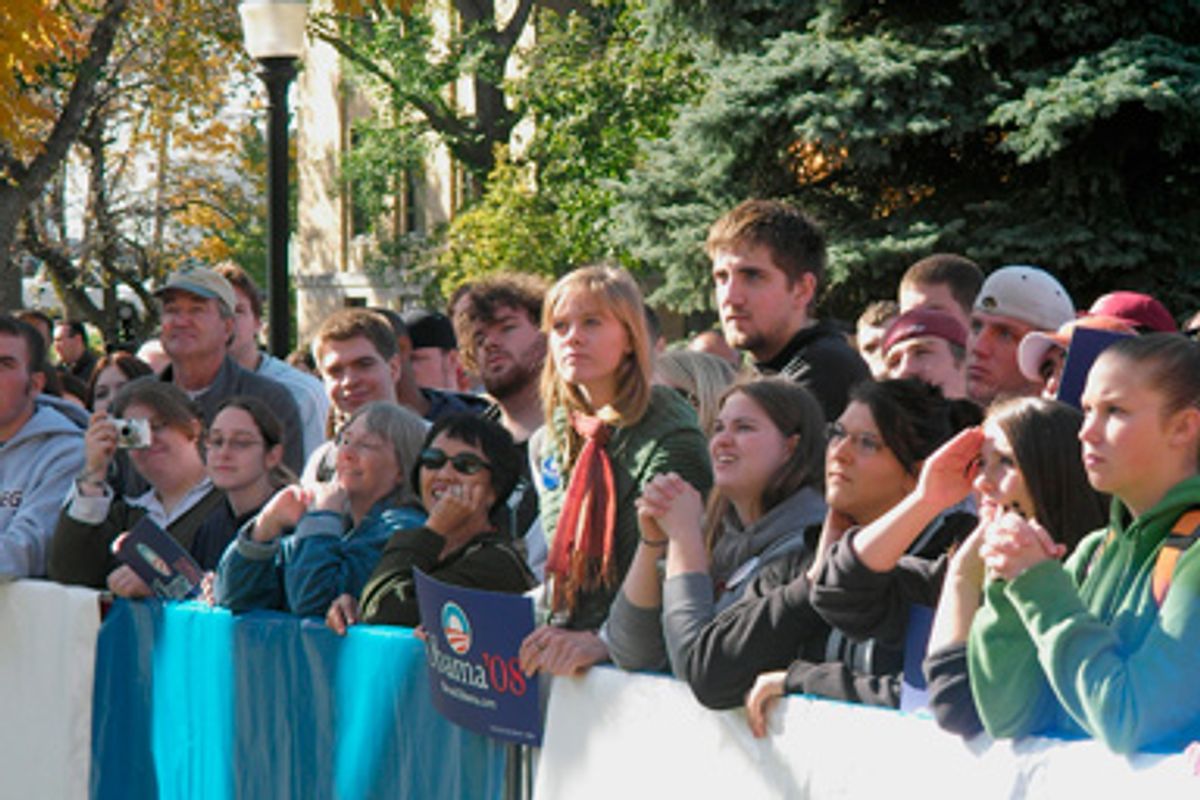 Young voters listen to U.S. Senator Barack Obama (D-IL) at a rally in Cedar Rapids, Iowa, October 29, 2007.   