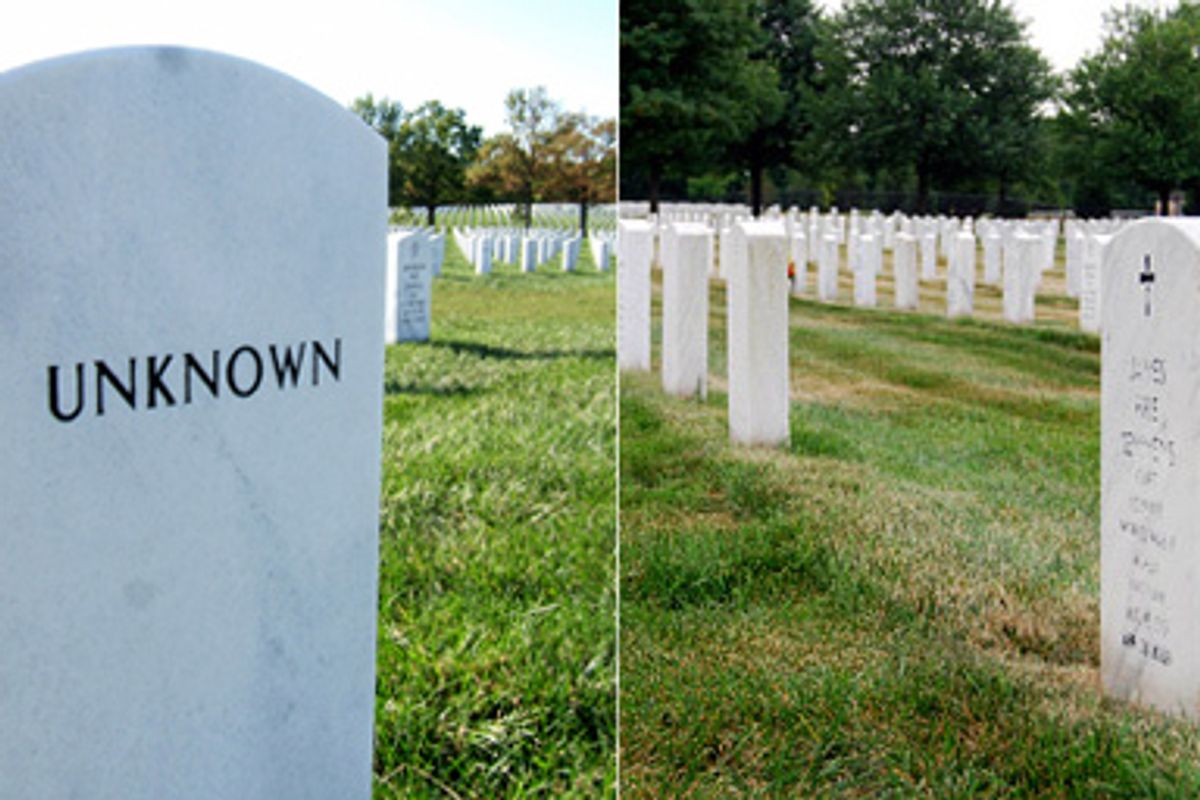 A headstone for an unknown soldier (left) sits in the empty grass spot, <a href="http://www.salon.com/news/feature/2009/07/21/arlington_secrets/index.html">pictured at right on July 21, 2009</a>.  