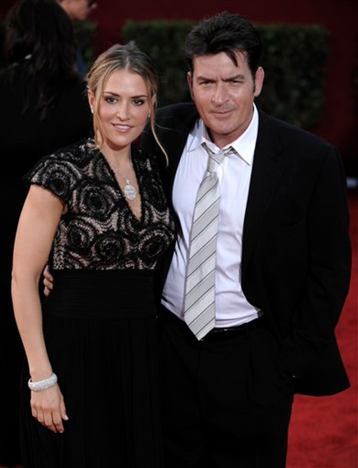 In this Sunday, Sept. 20, 2009, picture, actor Charlie Sheen, right, and wife Brooke Mueller arrive at the 61st Primetime Emmy Awards in Los Angeles. A woman who identified herself as the wife of Charlie Sheen said in a 911 call to Aspen police that the actor threatened her with a knife and that she feared for her life. Police released the audio of the call on Monday, Dec. 28, 2009, three days after Sheen was arrested on suspicion of menacing, second-degree assault and criminal mischief. (AP Photo/Chris Pizzello) (AP)