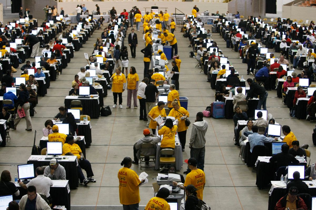 at the Cow Palace in Daly City, Calif., Friday, Oct. 16, 2009. Thousands of home owners turned out to an event sponsored by NACA. A Boston-based non-profit helping people to re-structure high risk loans. (AP Photo/Marcio Jose Sanchez)  (Marcio Jose Sanchez)