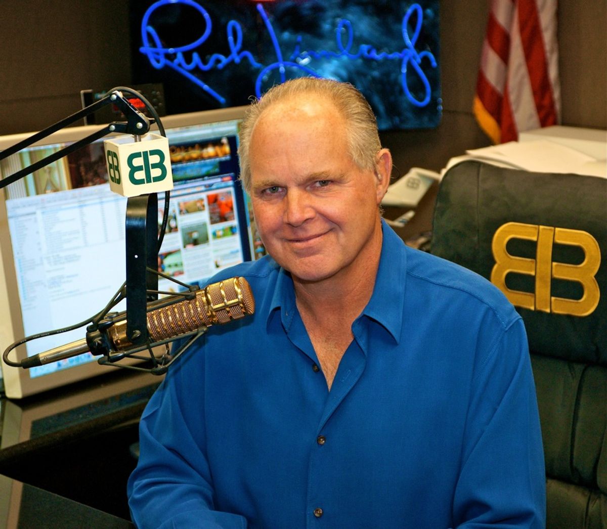 This photo provided by Rush Limbaugh shows Limbaugh in his Palm Beach, Fla. radio studio, the last week of Sept., 2009. NFL commissioner Roger Goodell says he would not tolerate "divisive" comments from an NFL owner like the ones the talk show host made about Donovan McNabb in 2003. And Colts owner Jim Irsay says he would vote to bar Limbaugh if he tries to buy the St. Louis Rams. (AP Photo/Photo courtesy of Rush Limbaugh) (Associated Press)