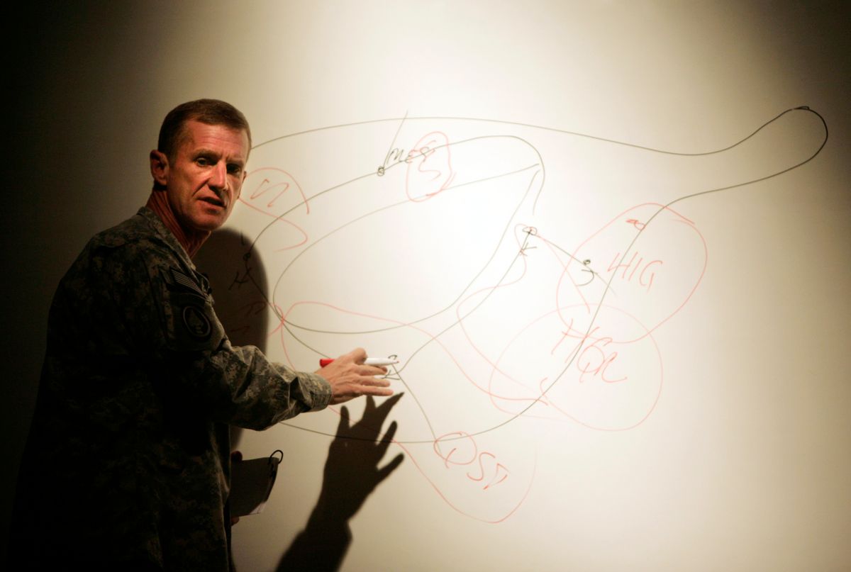 The top U.S. and NATO commander in Afghanistan, General Stanley McChrystal speaks to the military at US base Kandahar Airfield, Kandahar, Afghanistan, December 2, 2009. The first of 30,000 new U.S. troops will arrive in Afghanistan in two to three weeks, top U.S. officials said on Wednesday, even as they made clear plans to start bringing the soldiers home in 18 months could slip.  REUTERS/Mustafa Quraishi/Pool (AFGHANISTAN CONFLICT MILITARY POLITICS)  (Reuters)