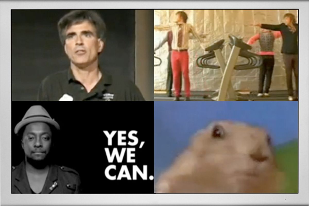 Clockwise, top left: The Last Lecture, OK Go's "Here It Goes Again," Dramatic Chipmunk, Yes, We Can