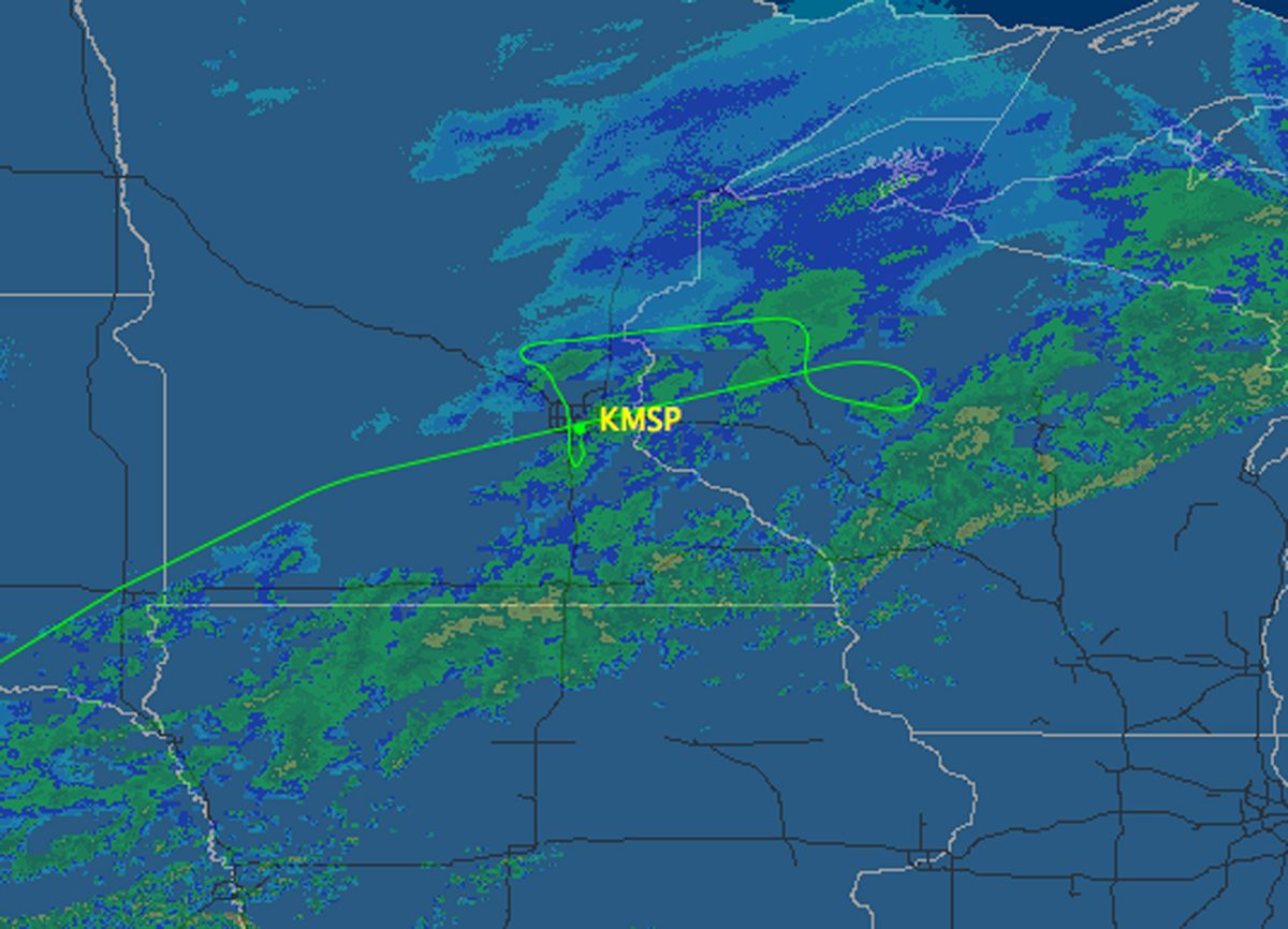 FILE - In this Wednesday, Oct. 21, 2009  image released by FlightAware.com, the flight path of Northwest Flight 188 is shown. After a Northwest Airlines plane flew past Minneapolis, air traffic controllers asked the pilots repeatedly for explanations about why they didn't heed radio calls, according to transcripts released on Friday, Nov. 27, 2009. (AP Photo/FlightAware.com, File) (Associated Press)