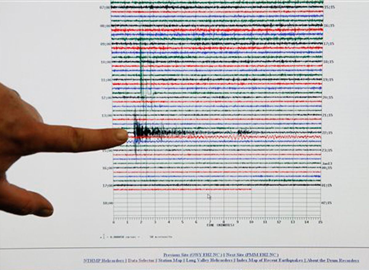 A seismic analyst at the Caltech Seismological Laboratory shows the 7.0 peak from the Haiti earthquake.