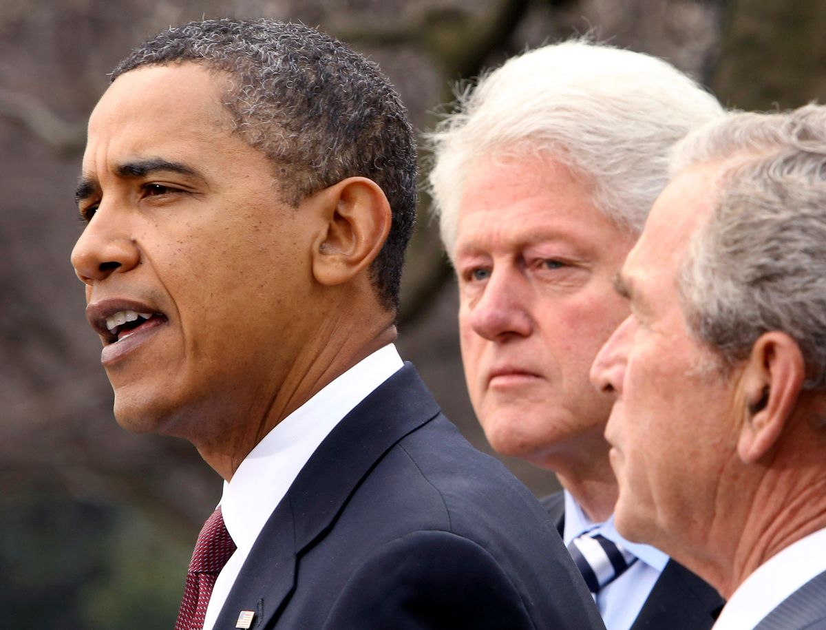 U.S. President Barack Obama (L) is joined by former U.S. Presidents George W. Bush (R) and Bill Clinton in the Rose Garden of the White House in Washington while speaking about disaster aid to Haiti January 16, 2010.         REUTERS/Larry Downing  (UNITED STATES - Tags: POLITICS DISASTER)  (Reuters)