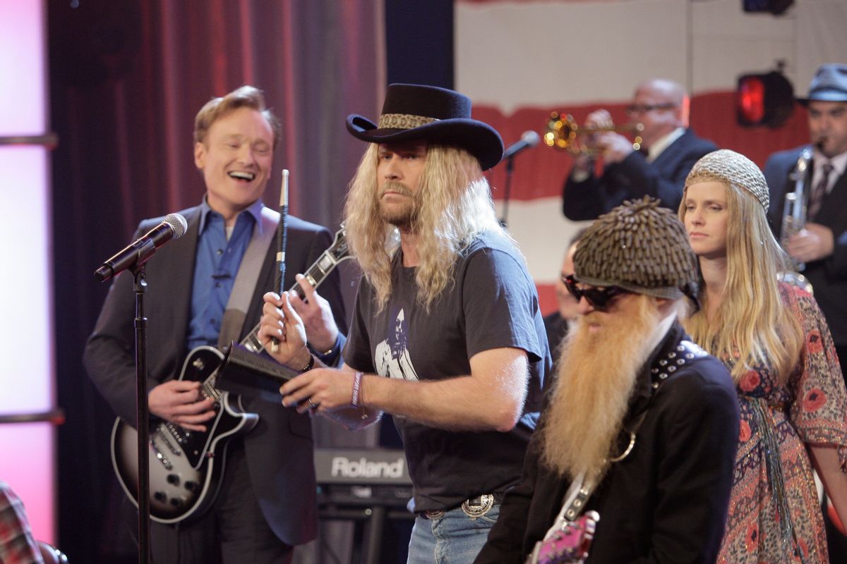 THE TONIGHT SHOW WITH CONAN O'BRIEN -- Episode 145 -- 01/22/2010 -- Pictured: (l-r) Host Conan O'Brien with Actor Will Ferrell, ZZ Top performing on January 22, 2010 (Photo by: Paul Drinkwater/NBCU Photo Bank via AP Images)  (Associated Press)