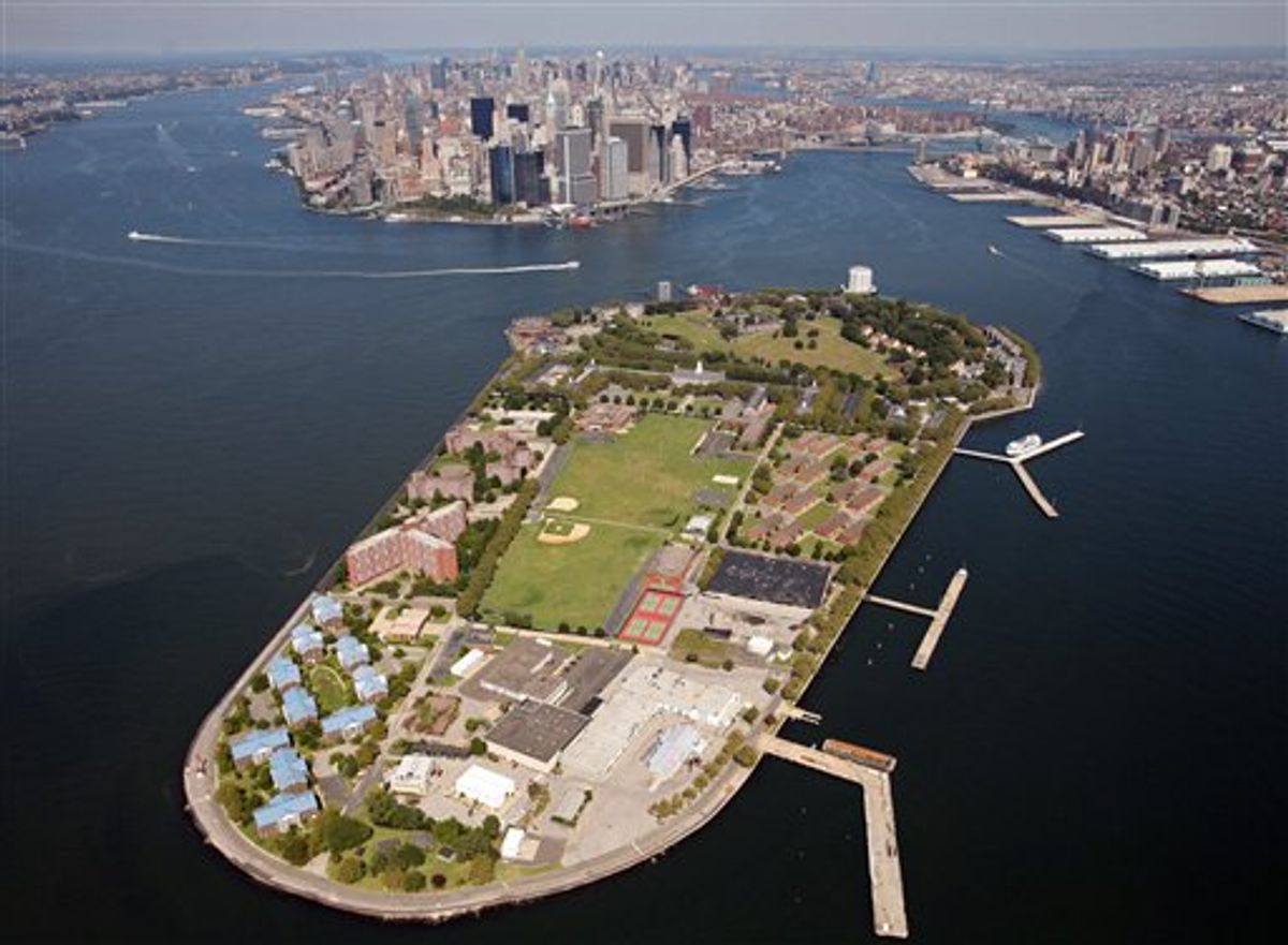 FILE - This Sept. 8, 2008 file aerial photo shows Governors Island in New York harbor, with lower Manhattan in the background center. Manhattan community activists are pushing a host of alternative locales for the trial of admitted 9/11 mastermind Khalid Sheikh Mohammed and four terror suspects in a bid to keep the spectacle out of their neighborhood. The suggestions include Governors Island, an air base in Newburgh and an old prison in upstate New York. (AP Photo/Mark Lennihan, file) (AP)