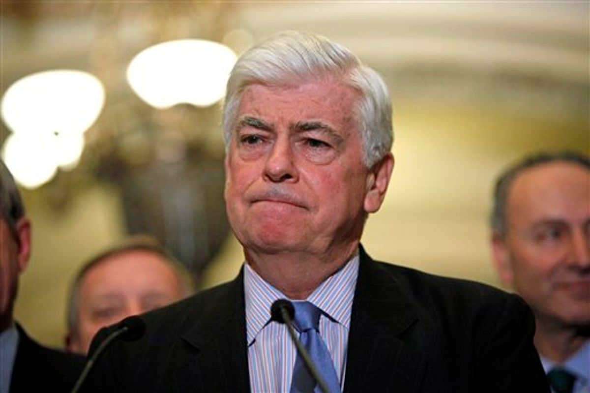 FILE - Sen. Christopher Dodd, D-Conn., pauses during a news conference on health care, in this Dec. 14, 2009 file photo taken on Capitol Hill in Washington. Democratic officials tell The Associated Press that Dodd won't seek re-election this fall. The five-term Democrat is expected to make an announcement Wednesday Jan. 6, 2010. (AP Photo/Haraz N. Ghanbari, File) (AP)