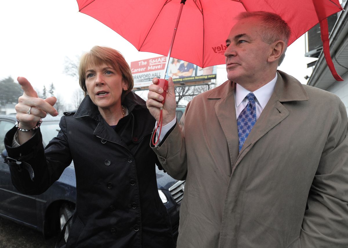 Democratic candidate, Massachusetts Attorney General Martha Coakley, left, and her husband Thomas F. O'Connor, Jr. arrive at campaign stop in the special election to replace former Sen. Edward Kennedy, D-Mass., Tuesday, Jan. 19, 2010 in Springfield, Mass. (AP Photo/Jessica Hill) (Jessica Hill)