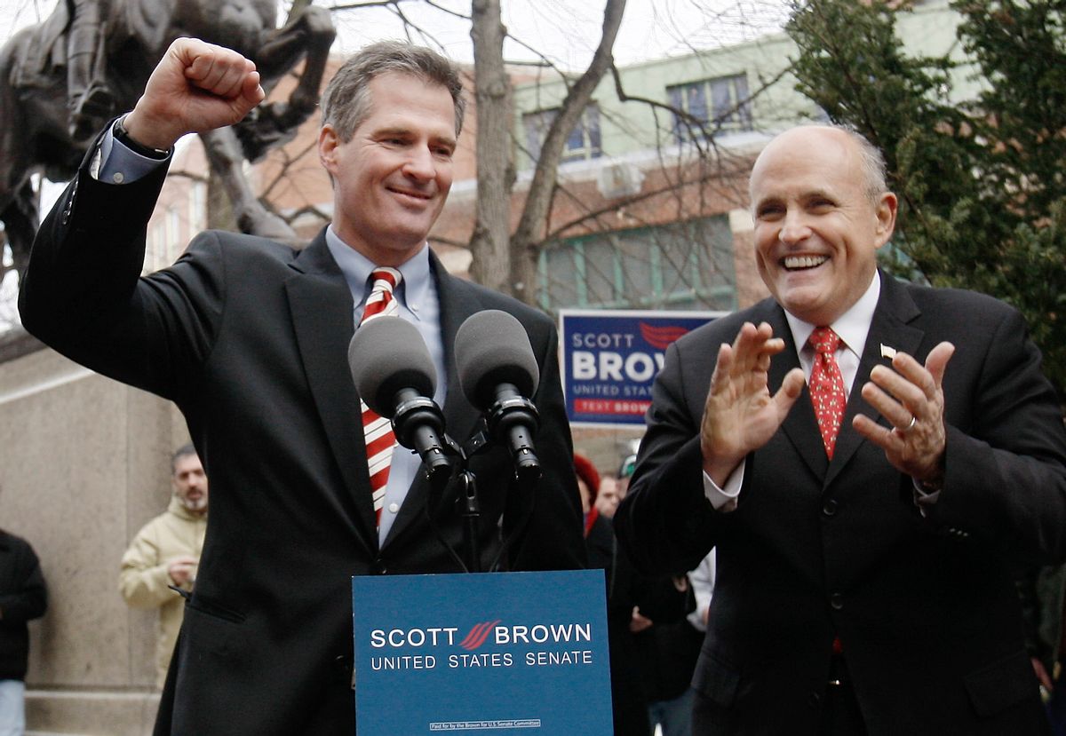 Former New York Mayor Rudolph Giuliani campaigns with Massachusetts State Senator Scott Brown, R-Wrentham in Boston, Friday, Jan. 15, 2010. Brown is on the ballot of the Tuesday, Jan. 19, 2010, special election to fill the U.S. Senate seat left vacant by the death of Sen. Edward M. Kennedy, D-Mass.  (AP Photo/Winslow Townson)  (Winslow Townson)