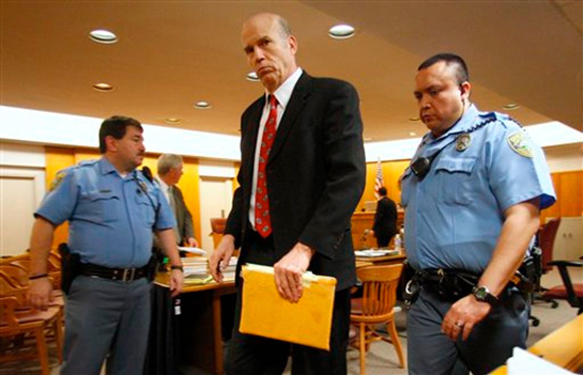 Defendant Scott Roeder leaves the courtroom after the jury heard the closing arguments in his case on Friday Jan. 29, 2010 in Wichita, Kan.