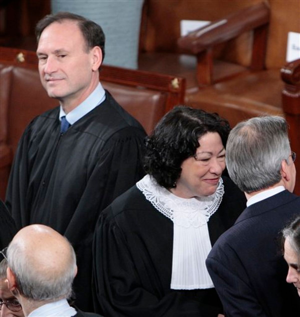 Supreme Court Justice Samuel Alito, left, and Sonia Sotomayor, center, are seen on Capitol Hill in Washington, Wednesday, Jan. 27, 2010, prior to President Barack Obama's State of the Union address . (AP Photo/Pablo Martinez Monsivais)  (AP)