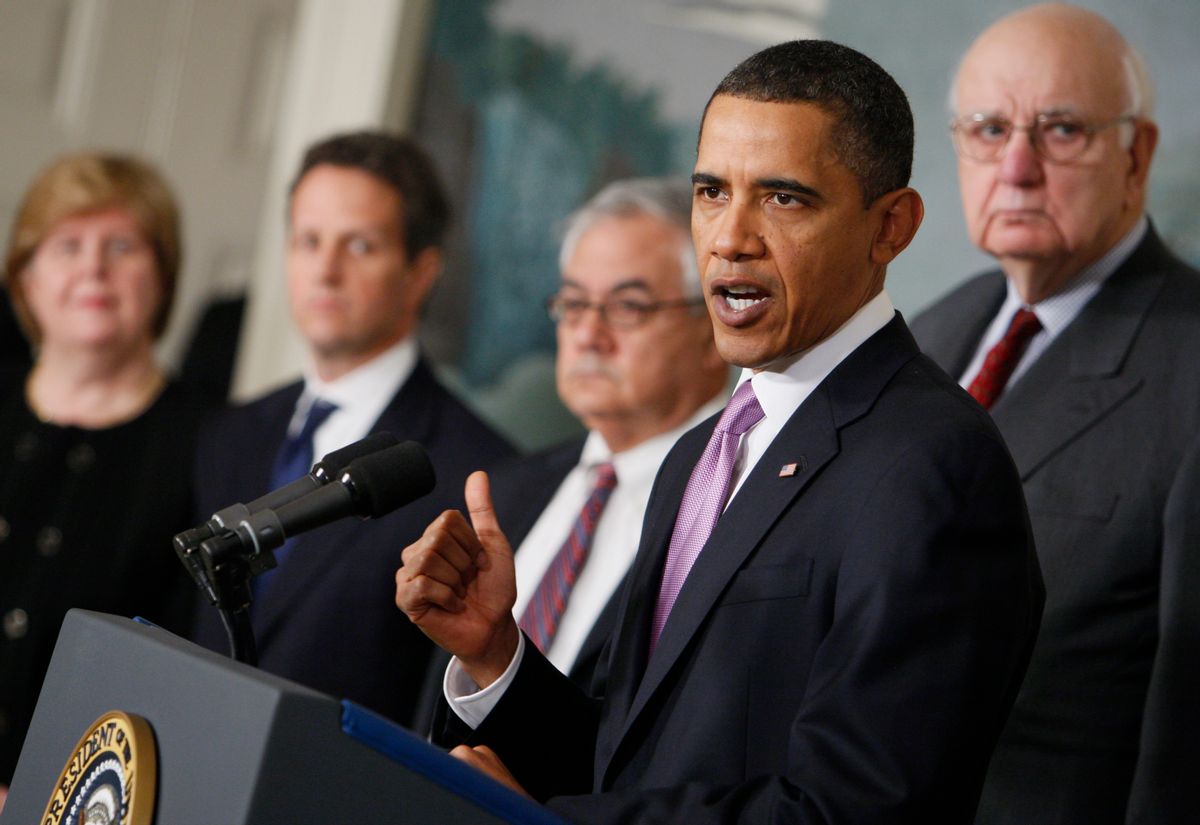 President Barack Obama speaks about financial reform, Thursday, Jan. 21, 2010, at the White House in Washington. From left are, Council of Economic Advisers Chair Christina Romer, Treasury Secretary Timothy Geithner, House  Financial Services Committee Chairman Rep. Barney Frank, D-Mass., the president and Economic Recovery Advisory Board chair Paul Volcker.  (AP Photo/Charles Dharapak)      (Associated Press)