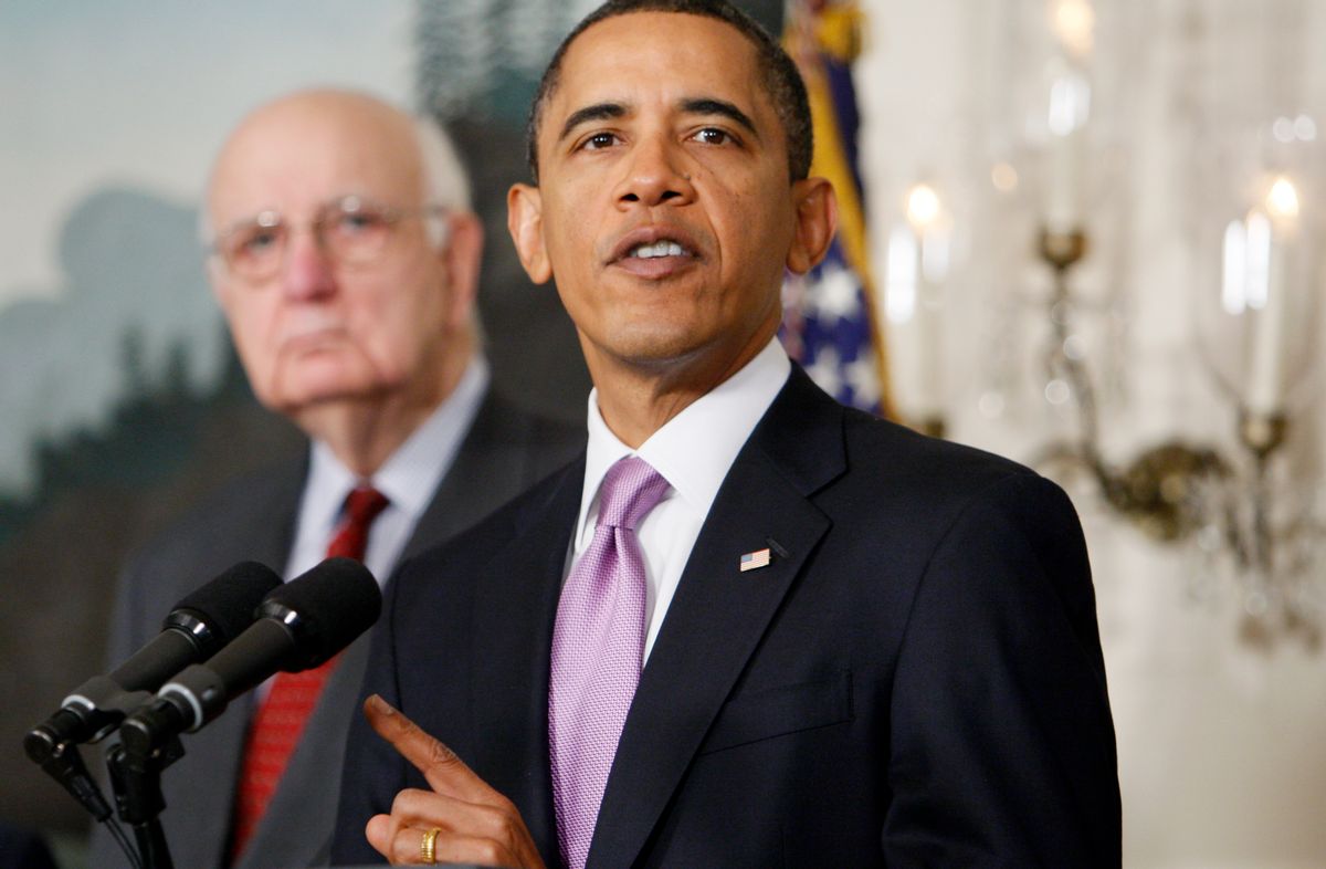 Economic Recovery Advisory Board Chair Paul Volcker looks on at left as President Barack Obama speaks about financial reform, Thursday, Jan. 21, 2010, at the White House in Washington. (AP Photo/Charles Dharapak)  (Associated Press)