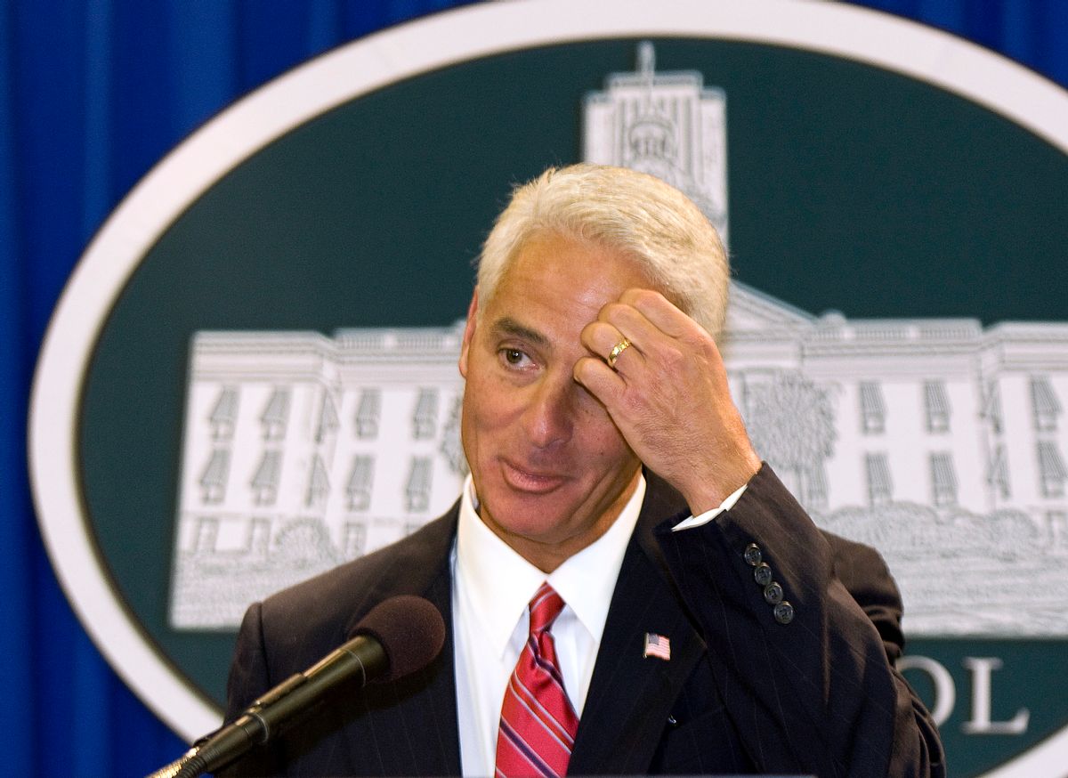 Florida's Governor Charlie Crist (C) attends a news conference to officially announce that he will be running for the US Senate, at the Florida Capitol in Tallahassee May 12, 2009.  REUTERS/Mark Wallheiser  (UNITED STATES POLITICS) (Reuters)