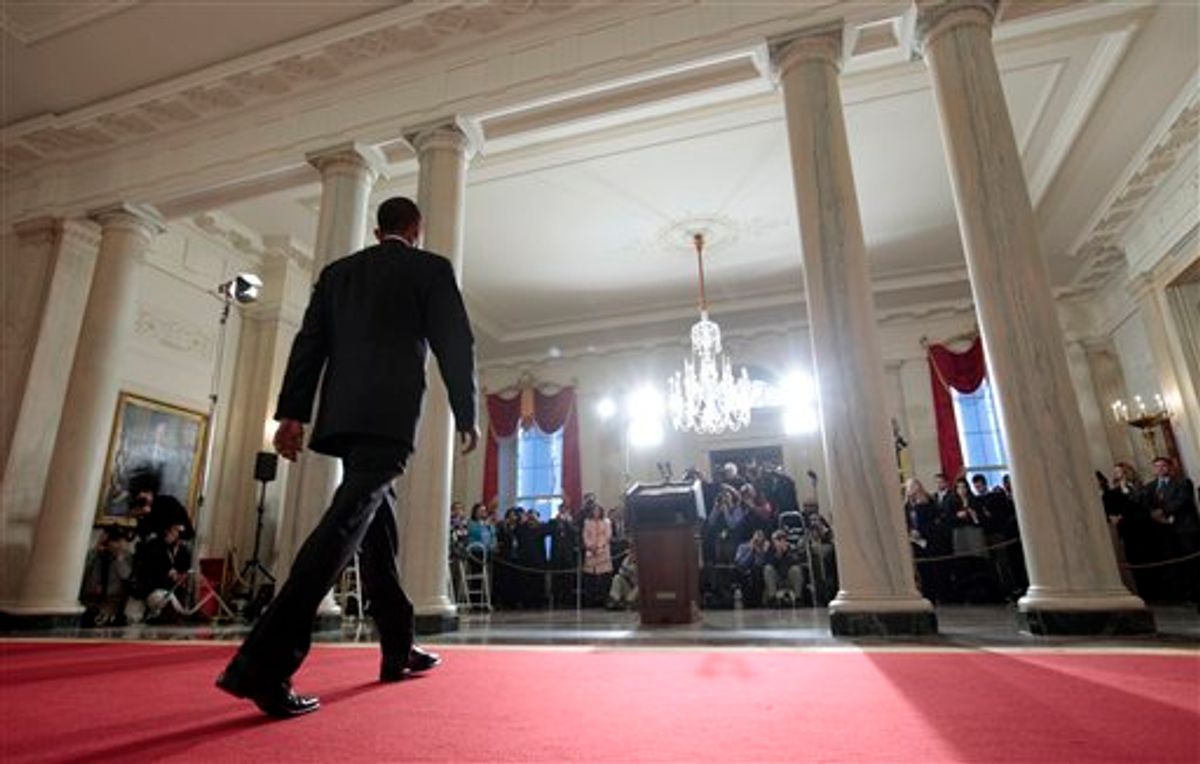 President Barack Obama walks towards the podium to speak about plans to thwart future terrorist attacks after an alleged terrorist attempt to destroy a Detroit-bound U.S. airliner on Christmas Day, Tuesday, Jan. 5, 2010, at the White House in Washington. (AP Photo/Charles Dharapak) (AP)
