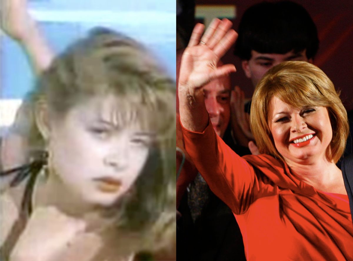 Gail Huff in "The Girl With the Curious Hand" video 1984 (L) and at husband Scott Brown's victory rally January 19, 2010. 