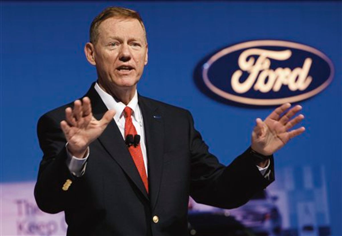 FILE - In this Jan. 26, 2010 file photo, Ford Motor Co. President and Chief Executive Officer Alan Mulally, talks about Ford's progress during the economic recession, during a news conference at the Washington Auto Show in Washington. Ford Motor Co. said Thursday, Jan. 28, it made $2.7 billion in 2009, its first annual profit in four years.(AP Photo/J. Scott Applewhite, file) (AP)