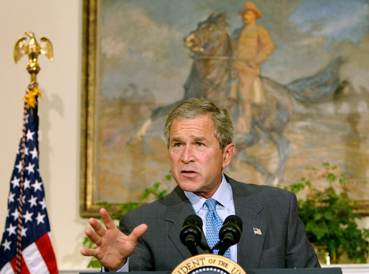U.S. President George W. Bush speaks during an announcement that the
U.S. military will not leave Iraq because of the influence of any
hostile forces, while in the Roosevelt Room of the White House, July 2,
2003. As a new poll showed American confidence slipping over the
U.S.-role in post-war Iraq, Bush vowed to defeat those attacking U.S.
occupying forces. REUTERS/Larry Downing

LSD (Reuters)