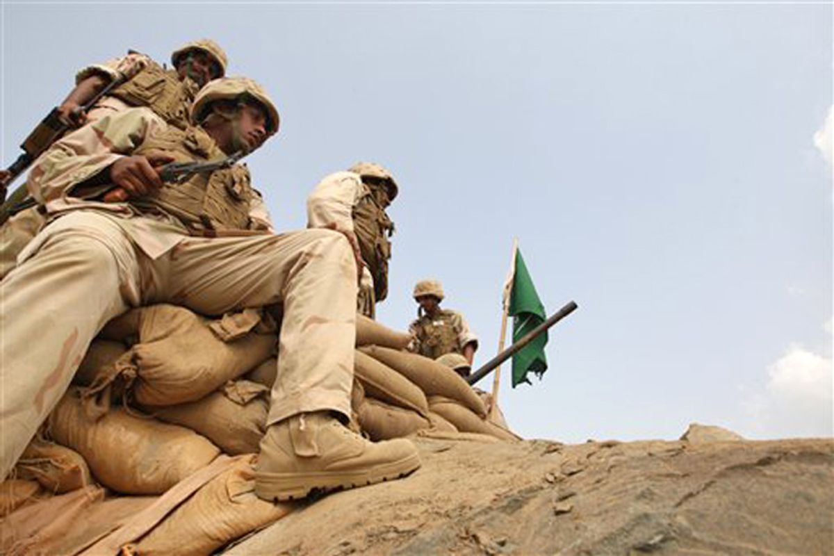Saudi soldiers occupy a position on Mt. Doud, Wednesday Jan. 27, 2010, a high strategic position in the southern Saudi province of Jizan, near the border with Yemen, that was occupied by Houthi rebels from Yemen, and was retaken by the Saudi military a week ago. At least 133 Saudis soldiers died, mostly in the ground fighting to retake the strategic high ground on the frontier. It is not clear how many rebels were killed. Saudi joined the 5-year-old fight when Yemeni rebels crossed the border and killed two Saudi soldiers. The northern rebels have been battling Yemen's government since 2004 complaining of neglect and discrimination. (AP Photo/Hassan Ammar) (Hassan Ammar)