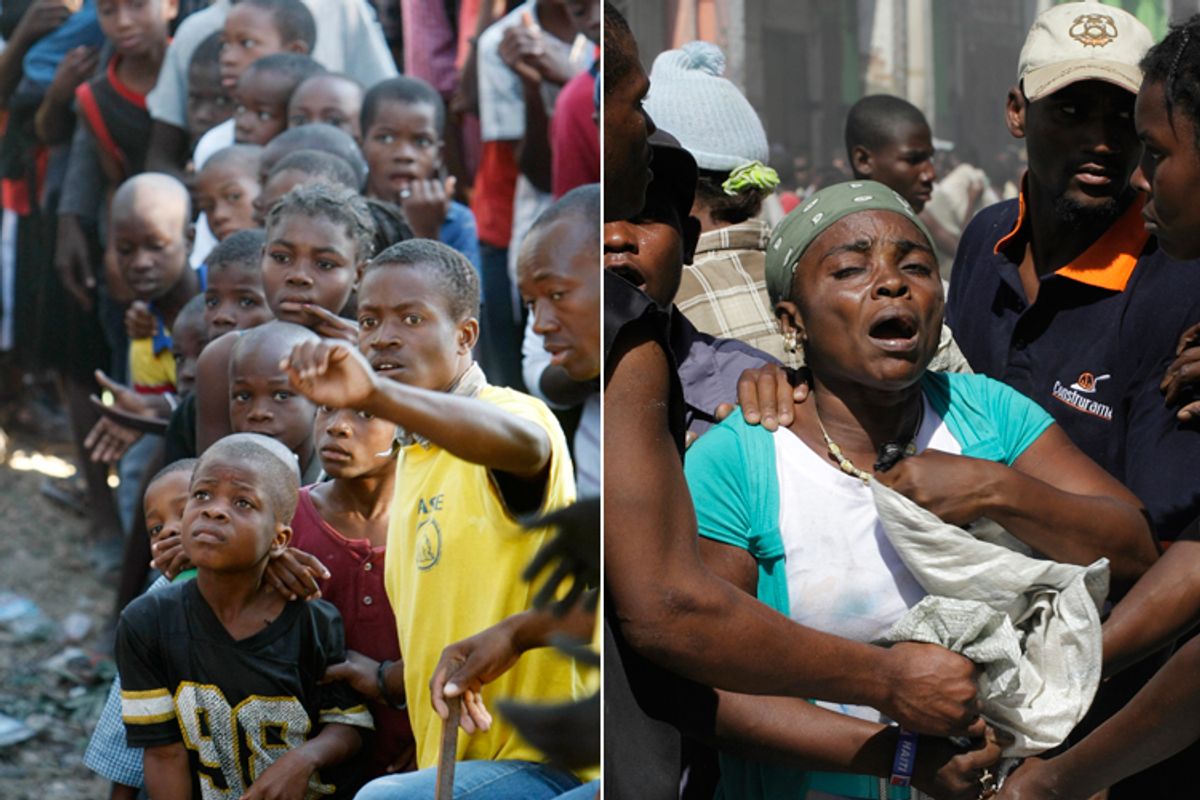 Left: Haitian children line up to receive food at a food distribution site. Right: A woman defends herself as others try to take a bag she carried out of a damaged building in Port-au-Prince on Thursday.