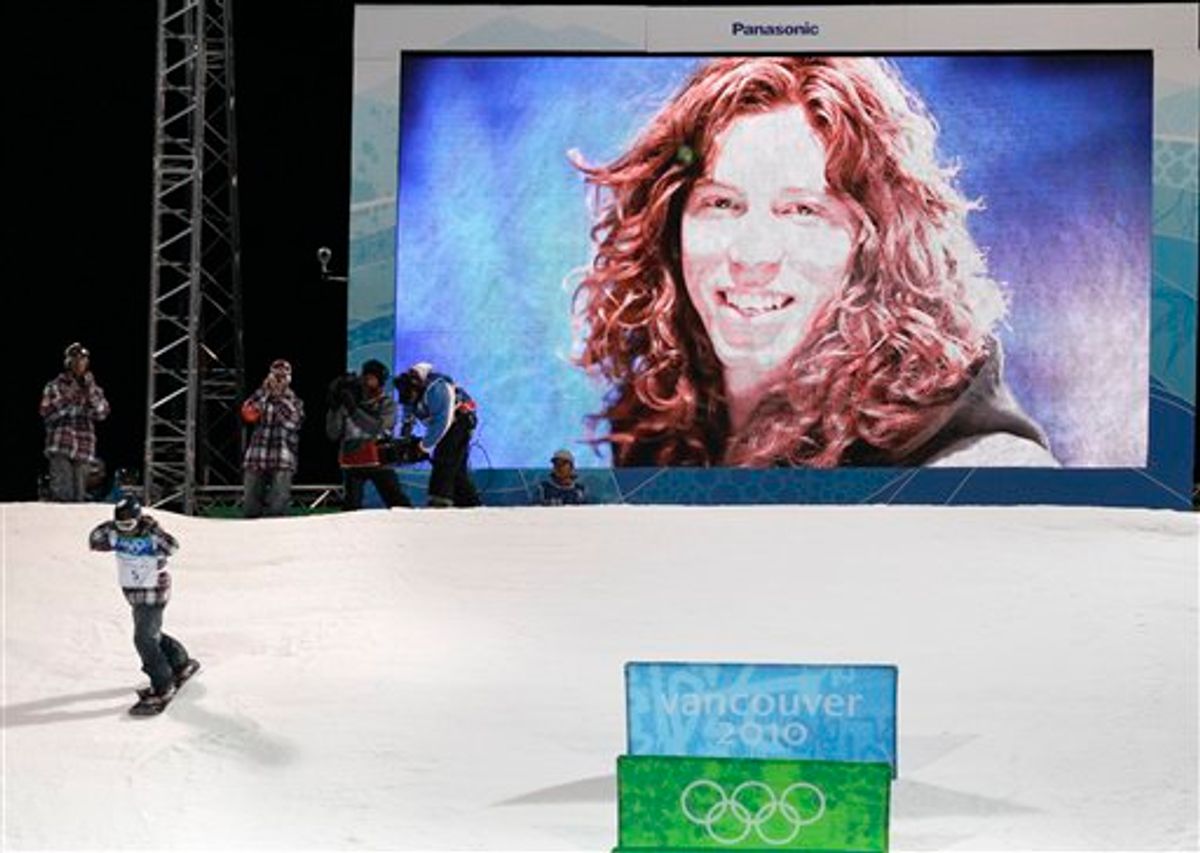 Shaun White of the USA during his first heat run in the final in the men's snowboard halfpipe competition at the Vancouver 2010 Olympics in Vancouver, British Columbia, Wednesday, Feb. 17, 2010. (AP Photo/Gerry Broome) (AP)