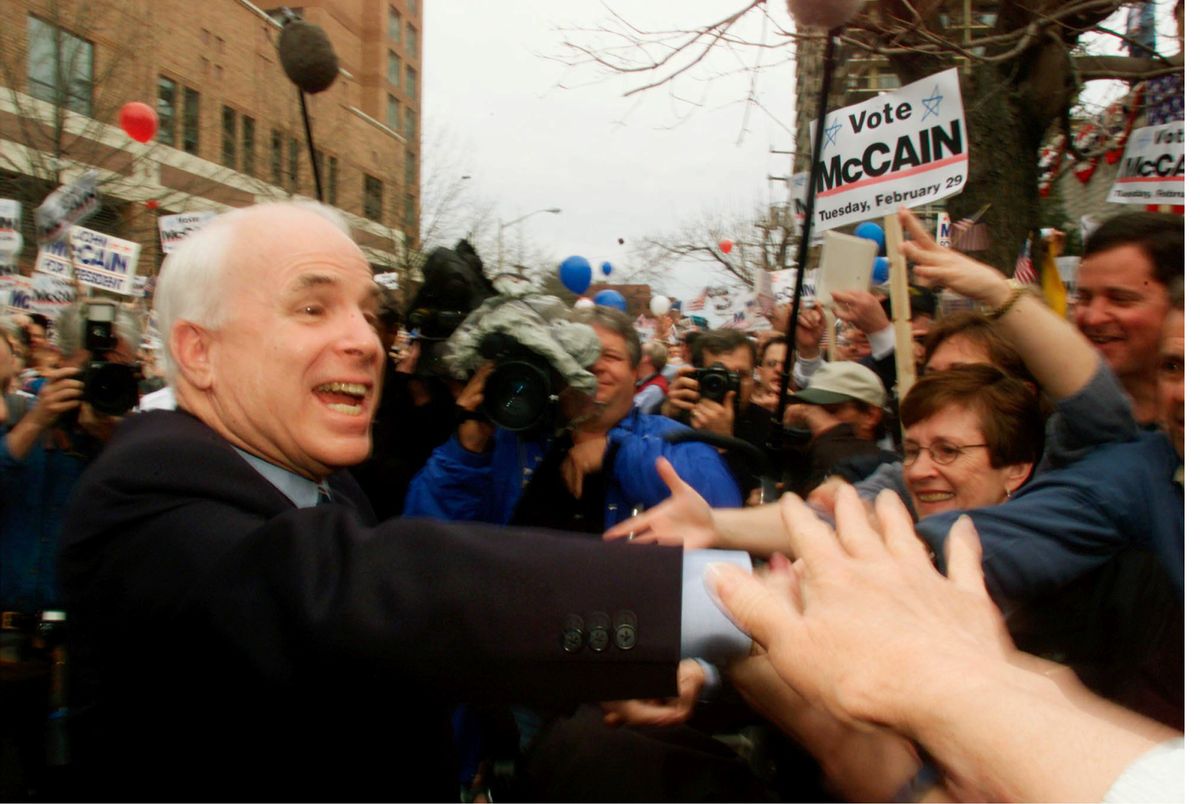 N365190 06: Republican presidential candidate John McCain greets supporters at his campaign headquarters in Virginia February 27, 2000. (Photo by Mark Wilson) (Mark Wilson)