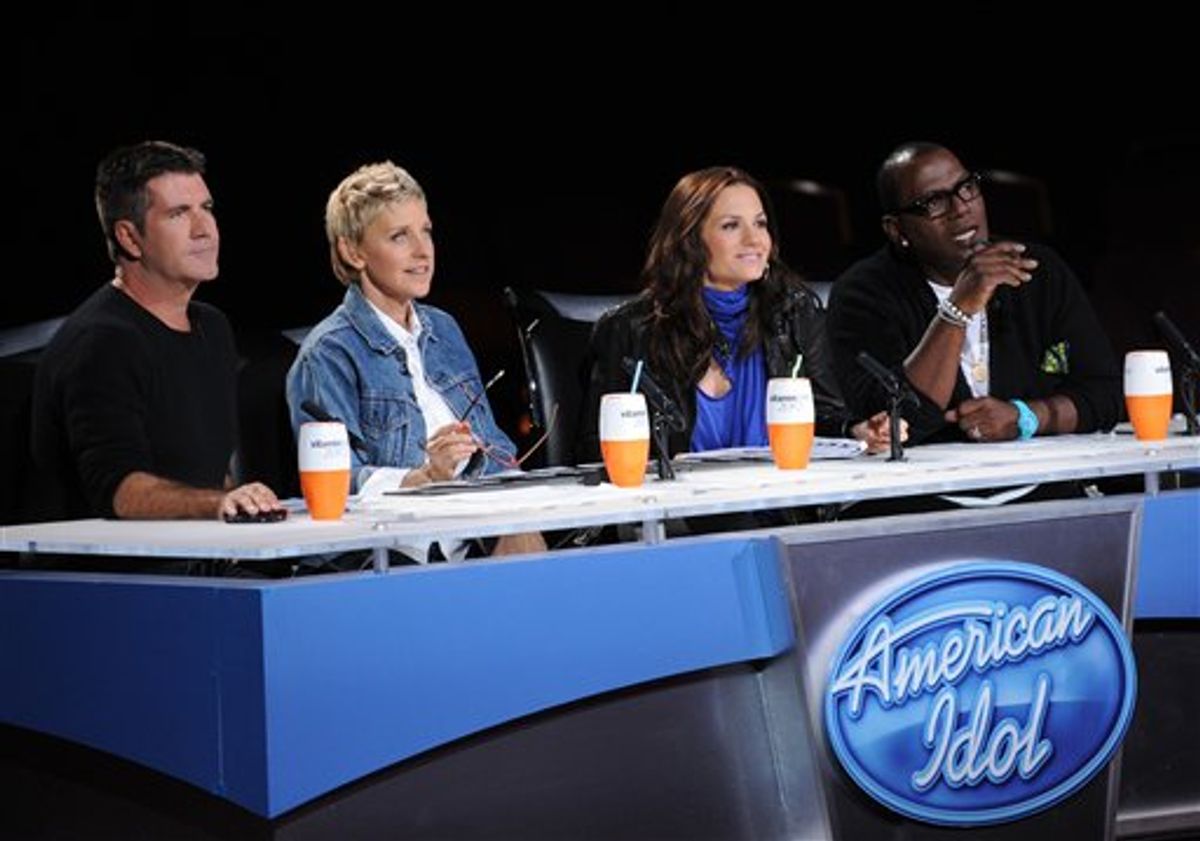 In this undated publicity image released by Fox, "American Idol" judges, from left, Simon Cowell,  Ellen DeGeneres, Kara DioGuardi and Randy Jackson are shown. (AP Photo/Fox, Michael Becker) (AP)
