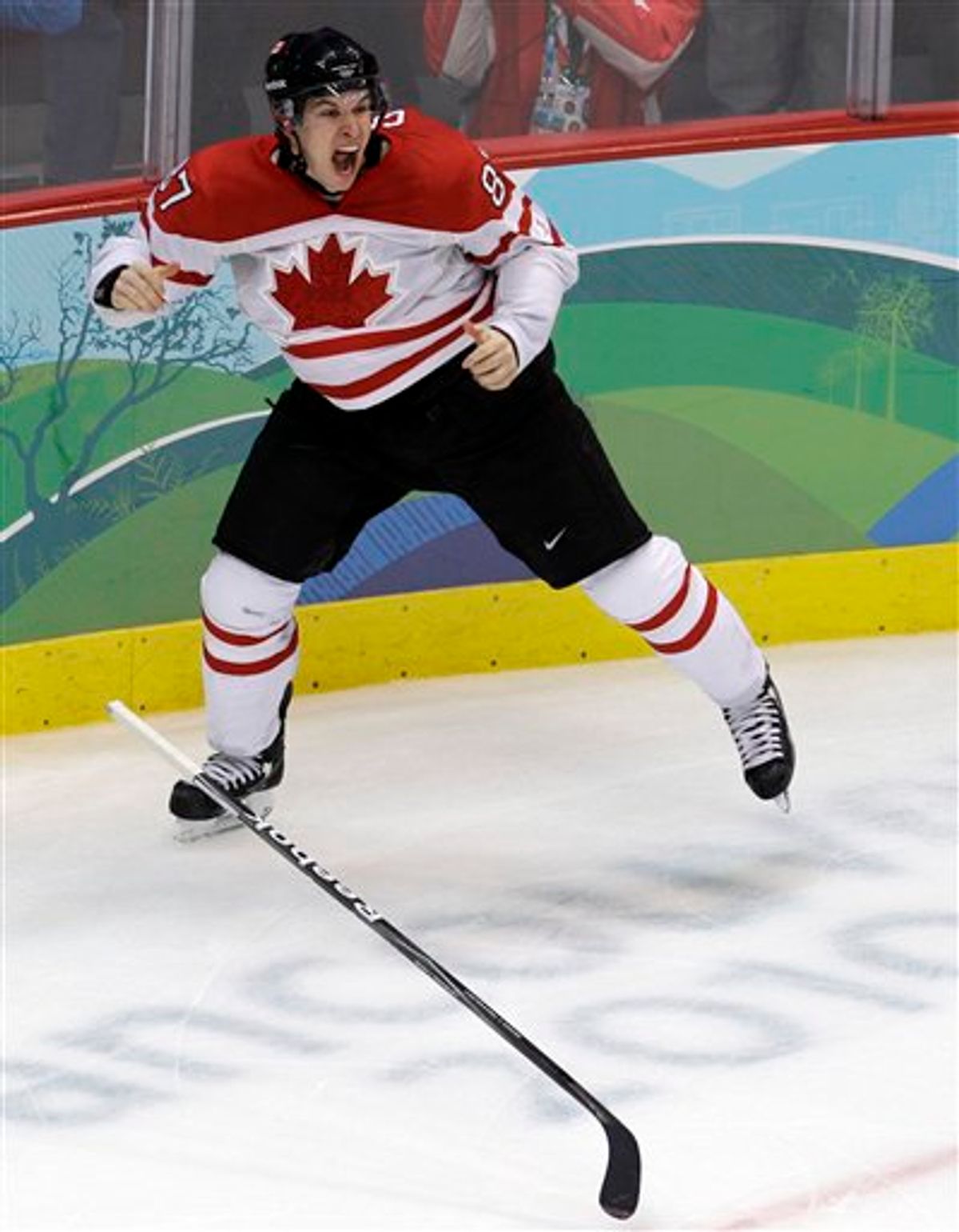 Canada's Sidney Crosby (87) reacts after scoring the game-winning goal in the overtime period of a men's gold medal ice hockey game against USA at the Vancouver 2010 Olympics in Vancouver, British Columbia, Sunday, Feb. 28, 2010. (AP Photo/Chris O'Meara) (AP)
