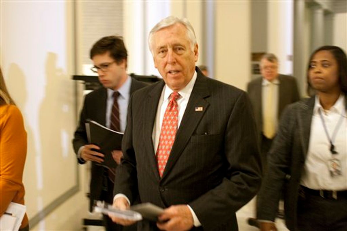 House Majority Leader Steny Hoyer, D-Md., arrives at a Democratic Caucus on Capitol Hill in Washington, Monday, March 15, 2010.(AP Photo/Harry Hamburg) (AP)